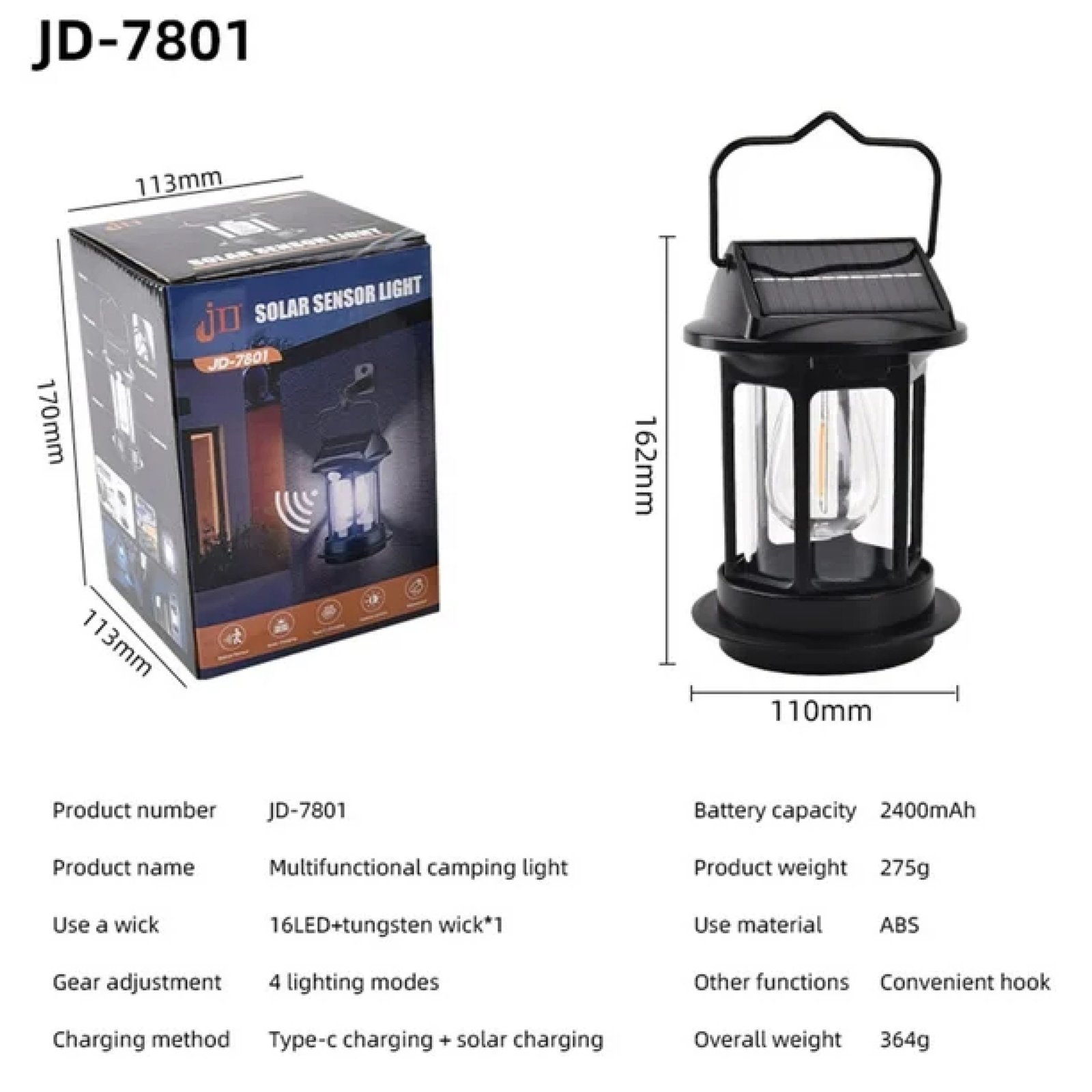 Solar Sensor LED Light 17*12.5cm - Outdoor Waterproof Solar Rechargeable Camping Lantern JD-7801