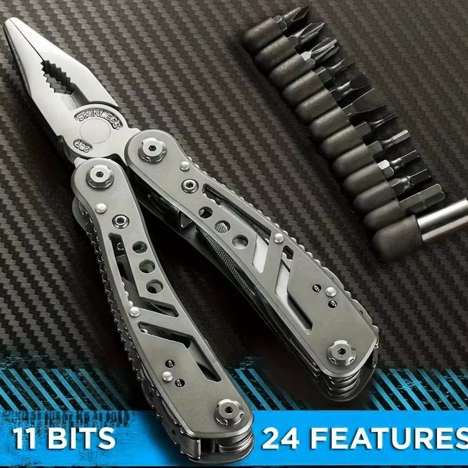 Jeep Multitool with Knife, Pliers & 11 Bits – Sharp Stainless Steel Multi Tool 24-in-1